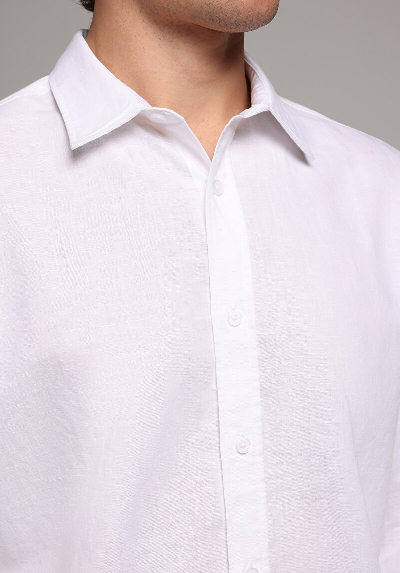 Regular Fit Shirt Neck Düz Erkek Beyaz Uzun Kol Gömlek