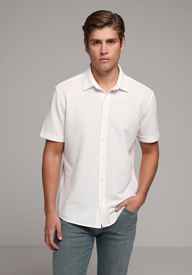 Regular Fit Shirt Neck Düz Erkek Beyaz Uzun Kol Gömlek