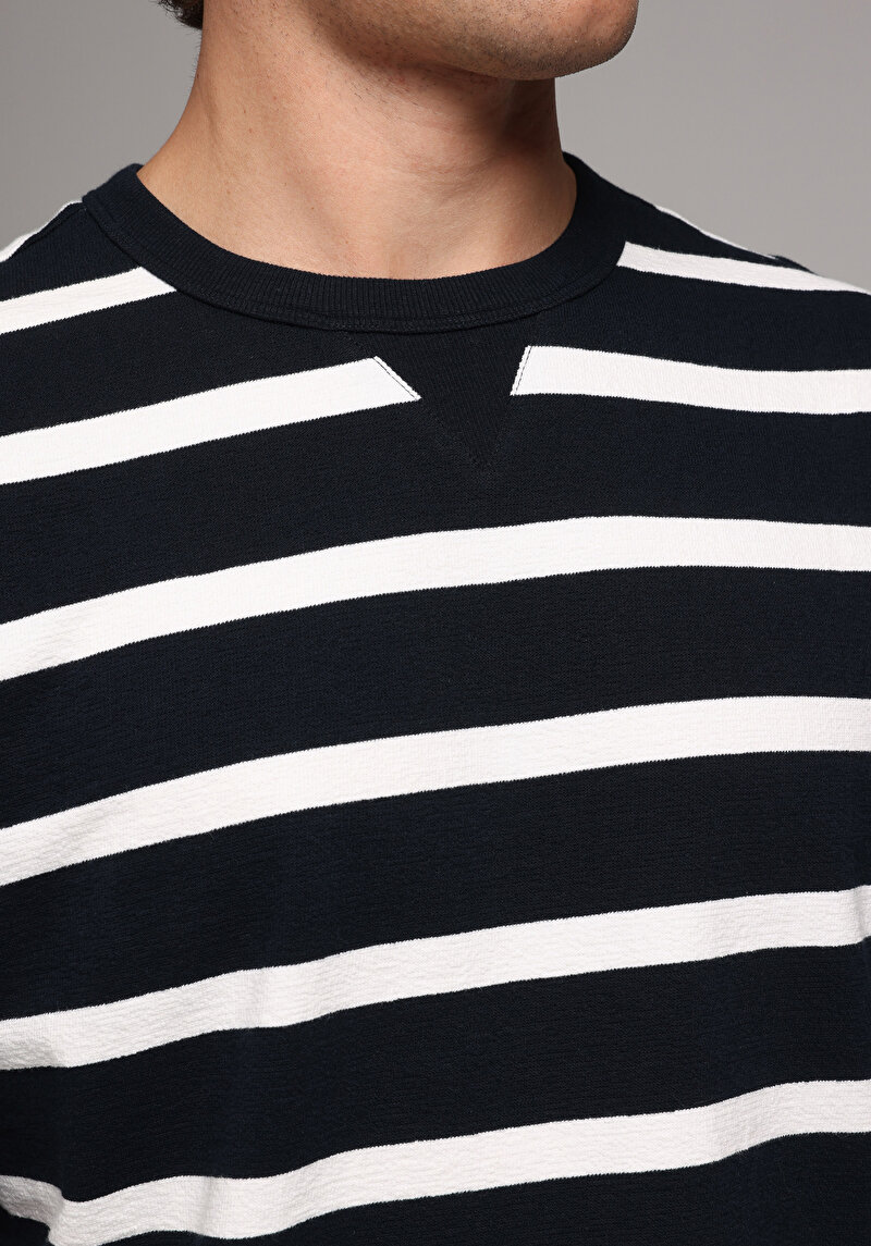 Comfort Fit Yuvarlak Yaka Çizgili Erkek Lacivert Kısa Kol Tişört