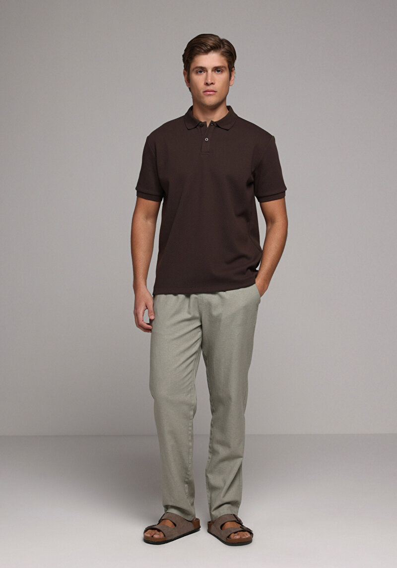 Regular Fit Polo Yaka Düz Erkek Kahverengi Kısa Kol Tişört