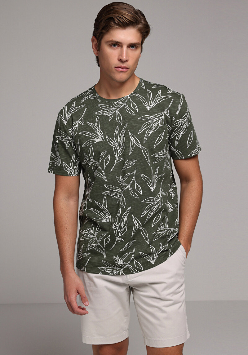 Regular Fit Yuvarlak Yaka Baskılı Erkek Yeşil Kısa Kol Tişört