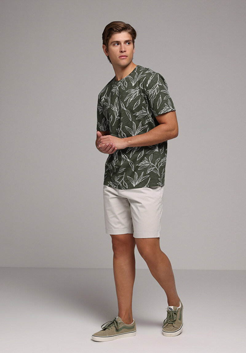 Regular Fit Yuvarlak Yaka Baskılı Erkek Yeşil Kısa Kol Tişört