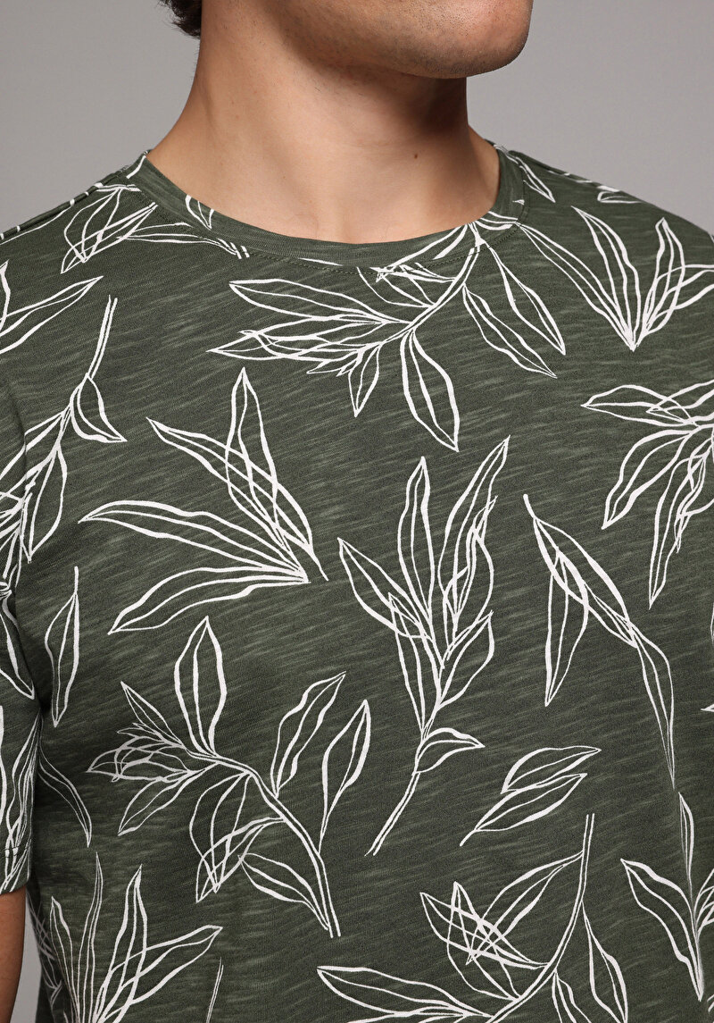 Regular Fit Yuvarlak Yaka Baskılı Erkek Yeşil Kısa Kol Tişört