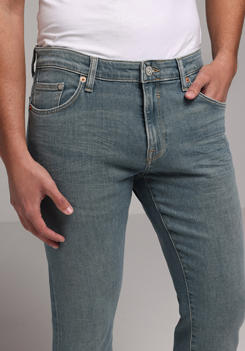 Slim Fit   Erkek Green Cast Denim Jean Pantolon