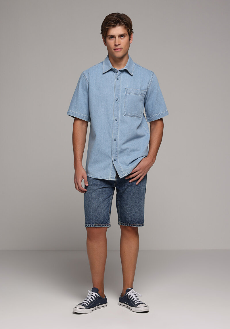 Regular Fit Orta Bel Düz Erkek Mid İndigo Denim Jean Şort