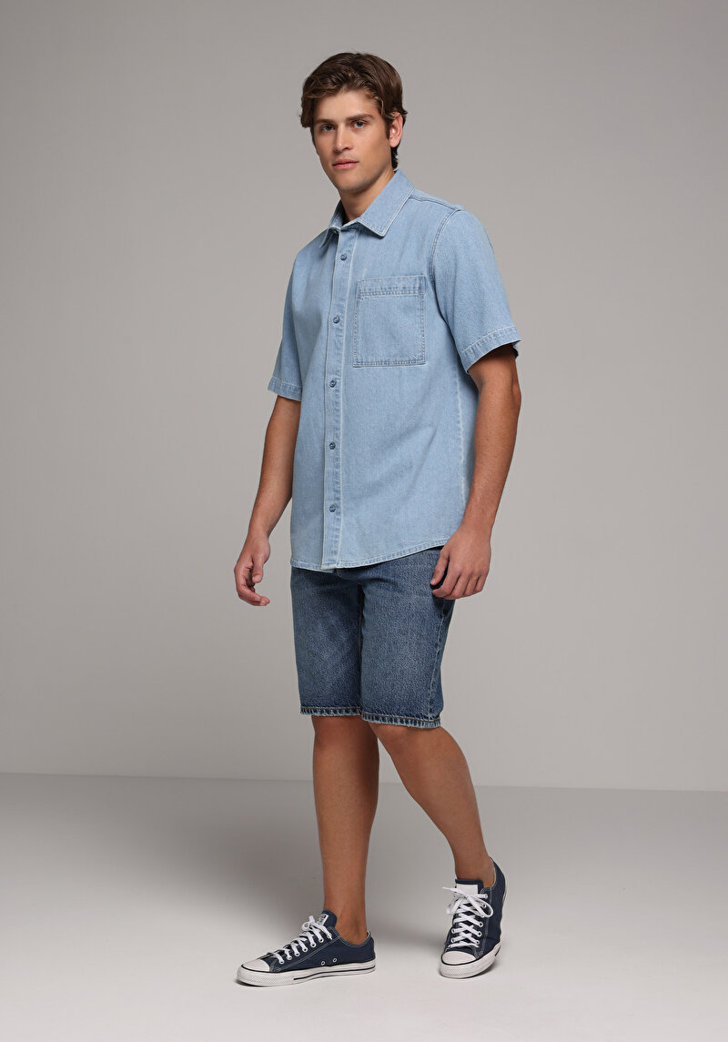 Regular Fit Orta Bel Düz Erkek Mid İndigo Denim Jean Şort