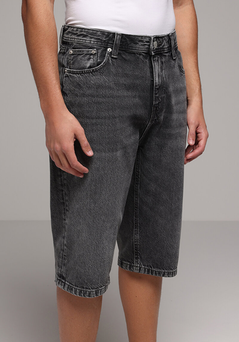 Straight Fit Orta Bel Düz Erkek Black Denim Jean Şort