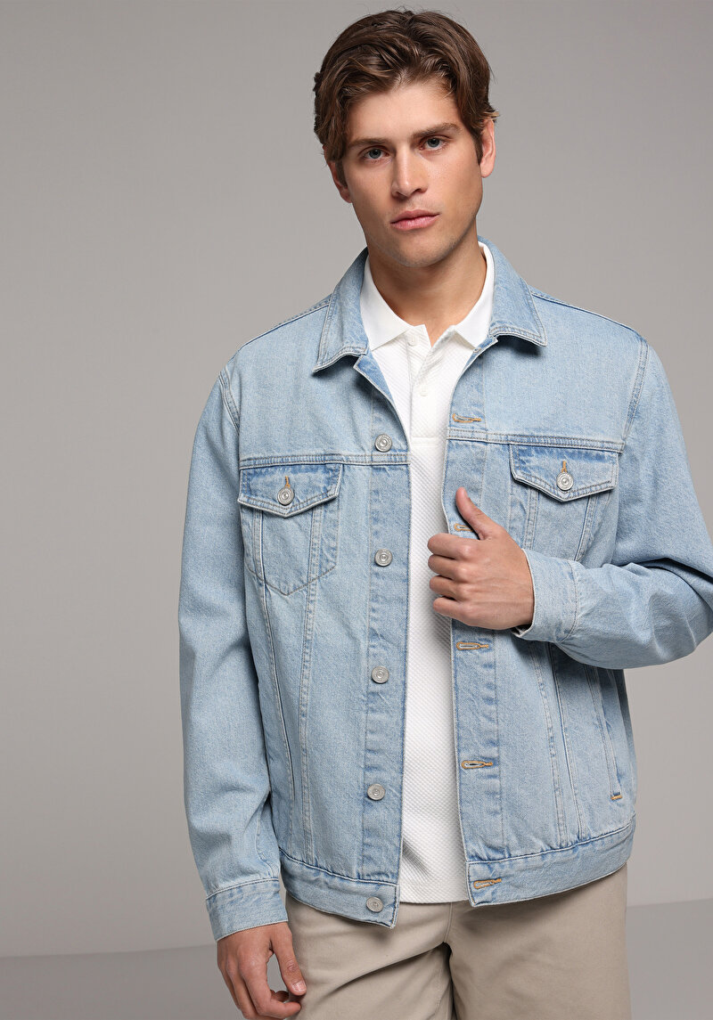 Regular Fit Düğmeli Astarsız Erkek Light İndigo Denim Ceket