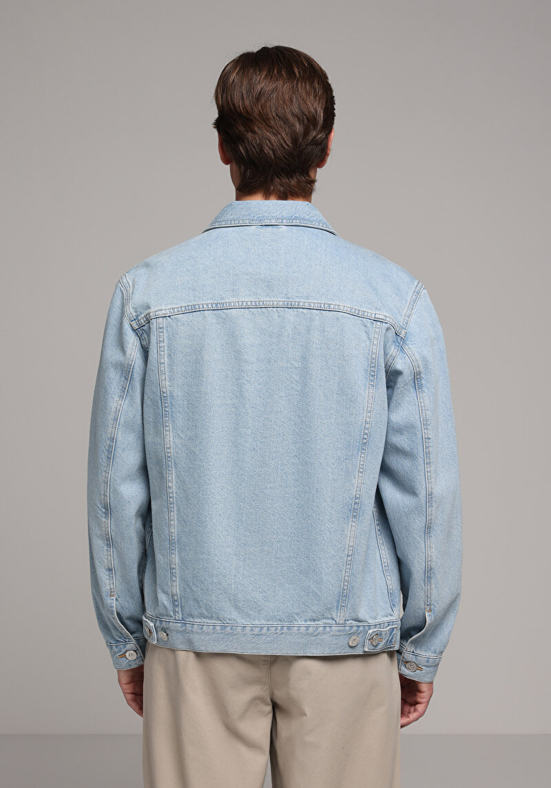 Regular Fit Düğmeli Astarsız Erkek Light İndigo Denim Ceket