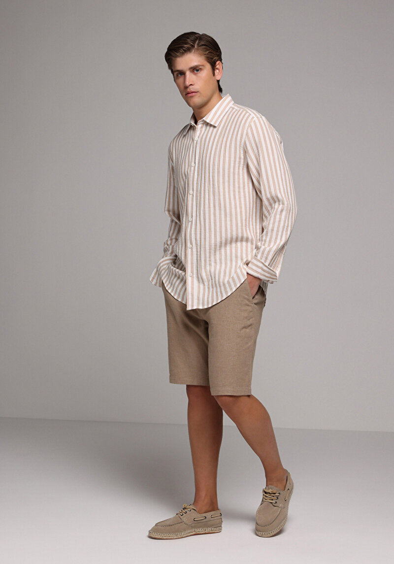 Regular Fit Orta Bel Düz Erkek Kahverengi Şort