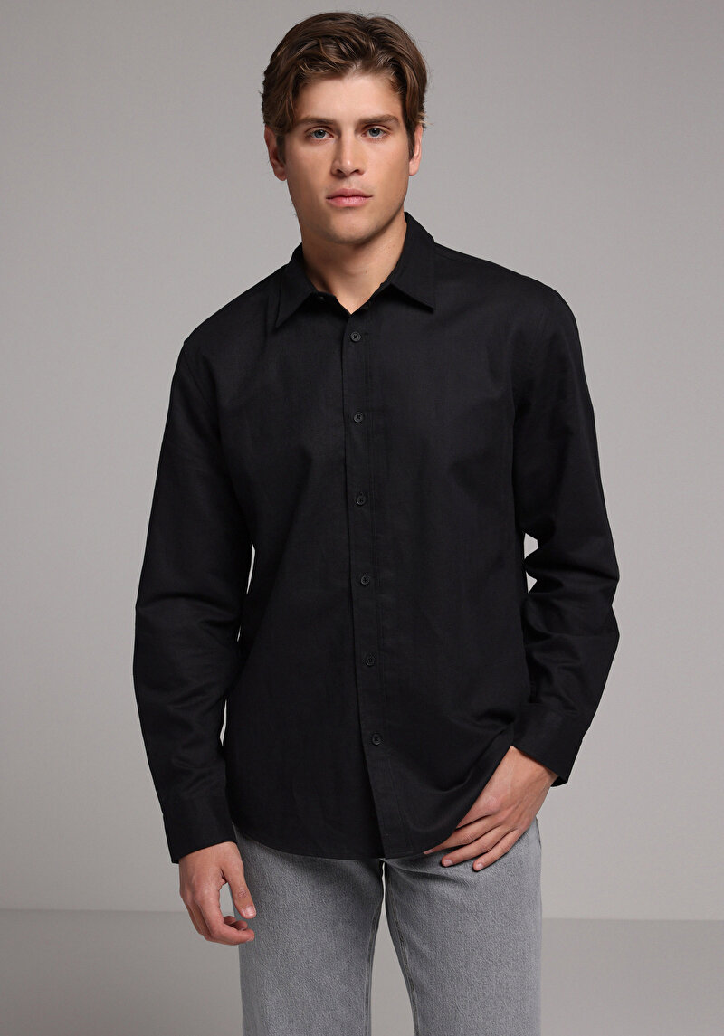 Regular Fit Shirt Neck Düz Erkek Siyah Uzun Kol Gömlek