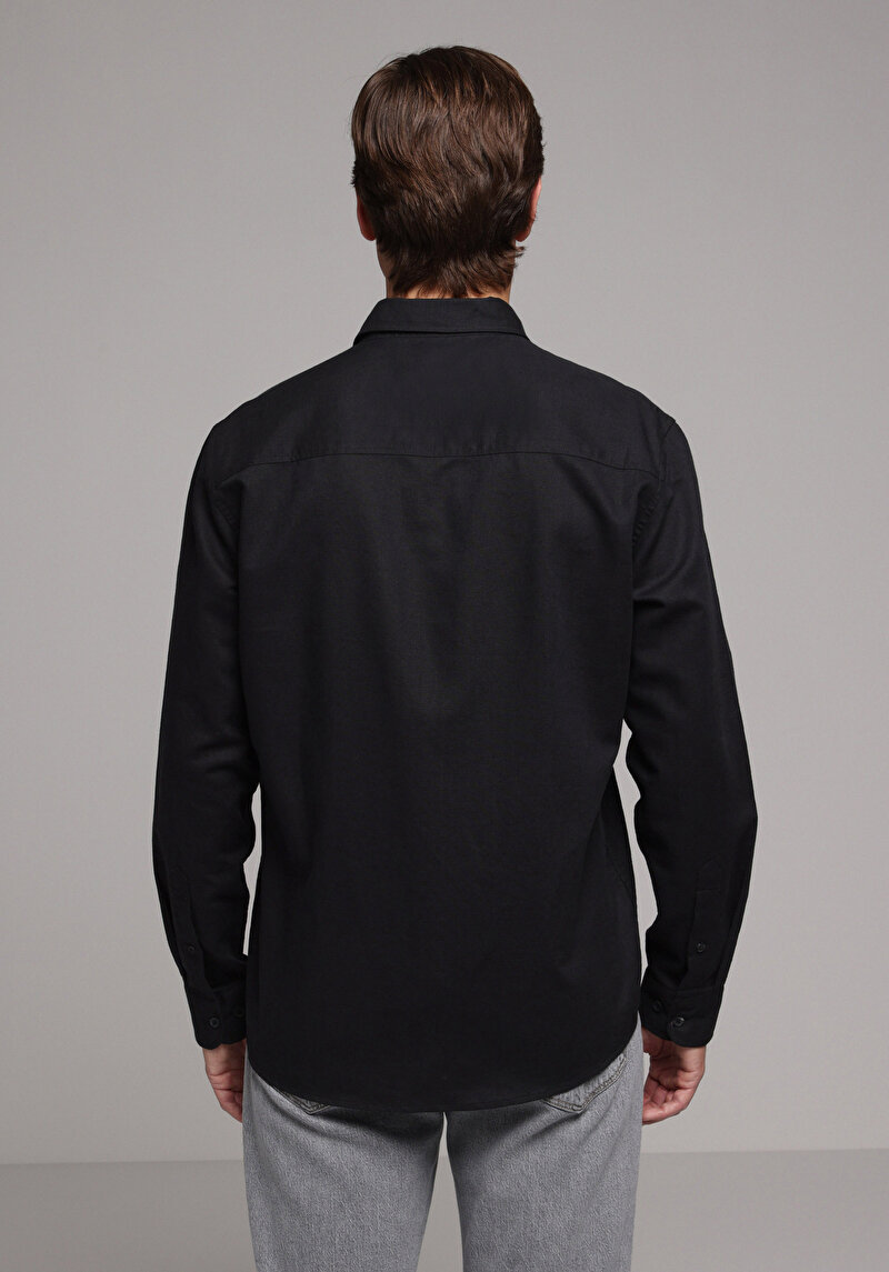 Regular Fit Shirt Neck Düz Erkek Siyah Uzun Kol Gömlek