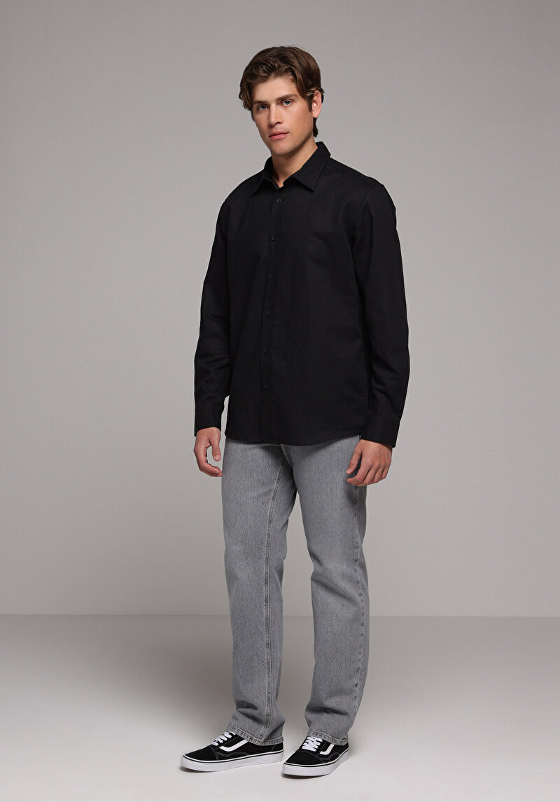 Regular Fit Shirt Neck Düz Erkek Siyah Uzun Kol Gömlek