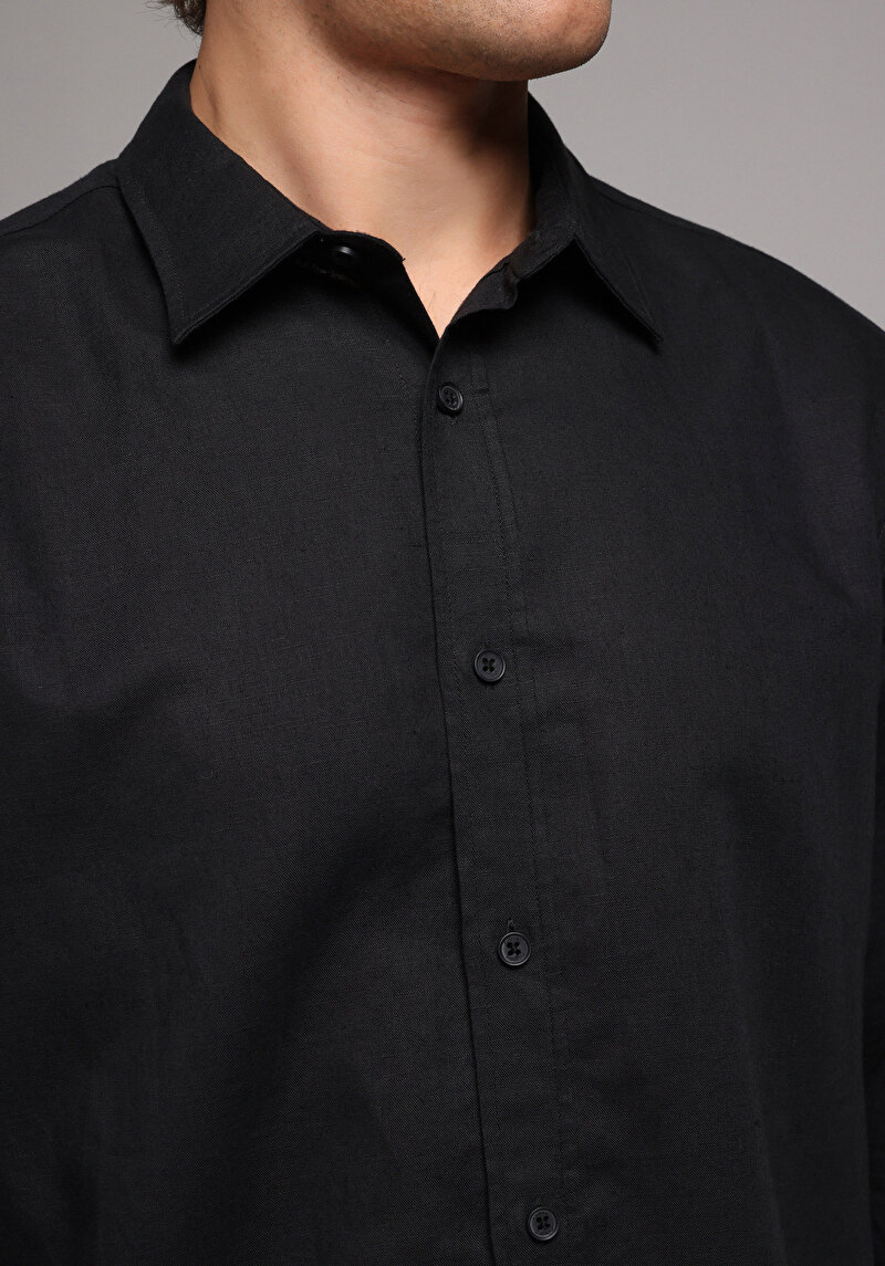 Regular Fit Shirt Neck Düz Erkek Siyah Uzun Kol Gömlek