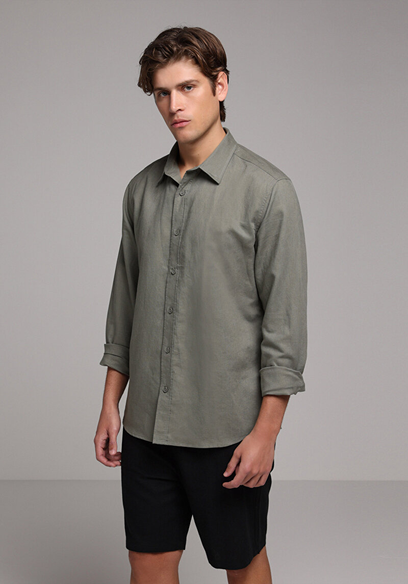 Regular Fit Shirt Neck Düz Erkek Yeşil Uzun Kol Gömlek