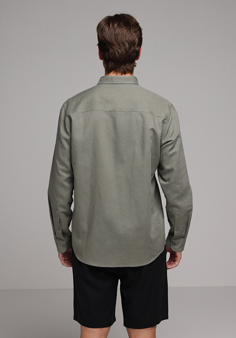 Regular Fit Shirt Neck Düz Erkek Yeşil Uzun Kol Gömlek