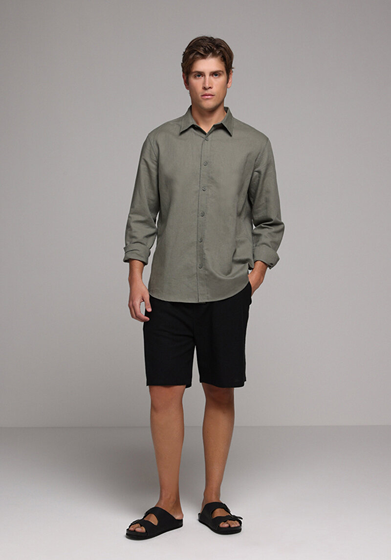 Regular Fit Shirt Neck Düz Erkek Yeşil Uzun Kol Gömlek