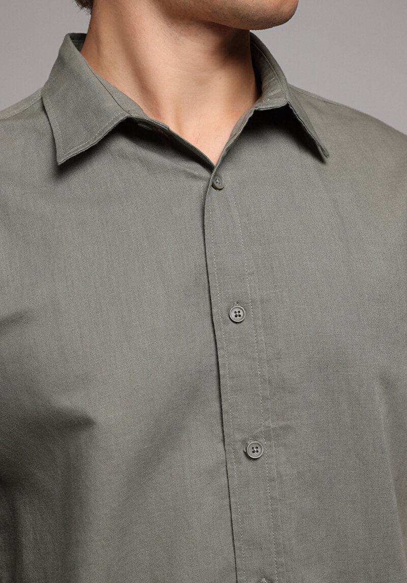 Regular Fit Shirt Neck Düz Erkek Yeşil Uzun Kol Gömlek