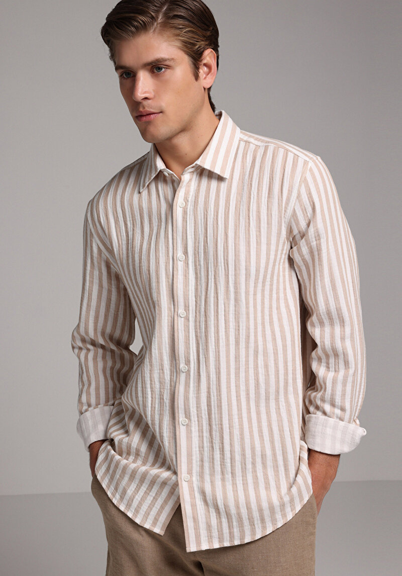 Relaxed Fit Shirt Neck Çizgili Erkek Bej Uzun Kol Gömlek