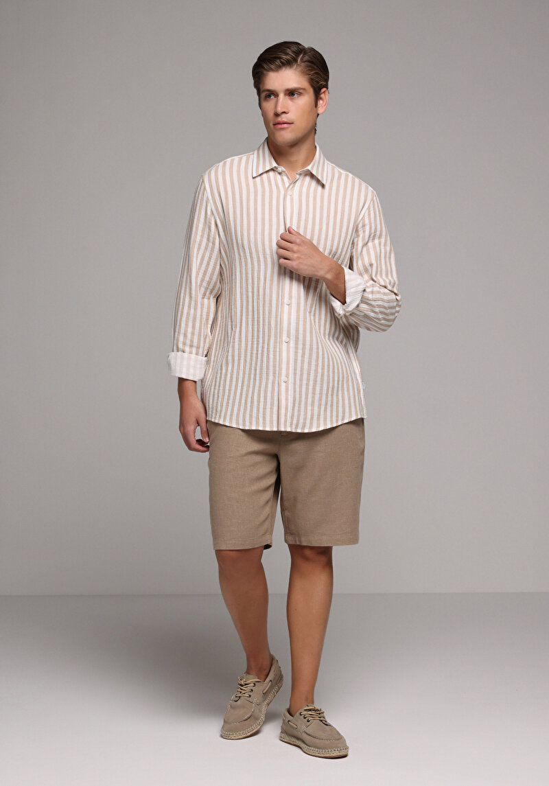 Relaxed Fit Shirt Neck Çizgili Erkek Bej Uzun Kol Gömlek