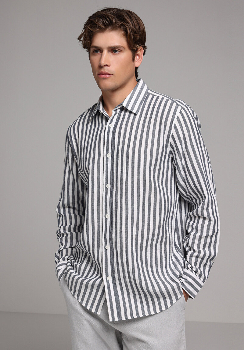 Relaxed Fit Shirt Neck Çizgili Erkek Lacivert Uzun Kol Gömlek