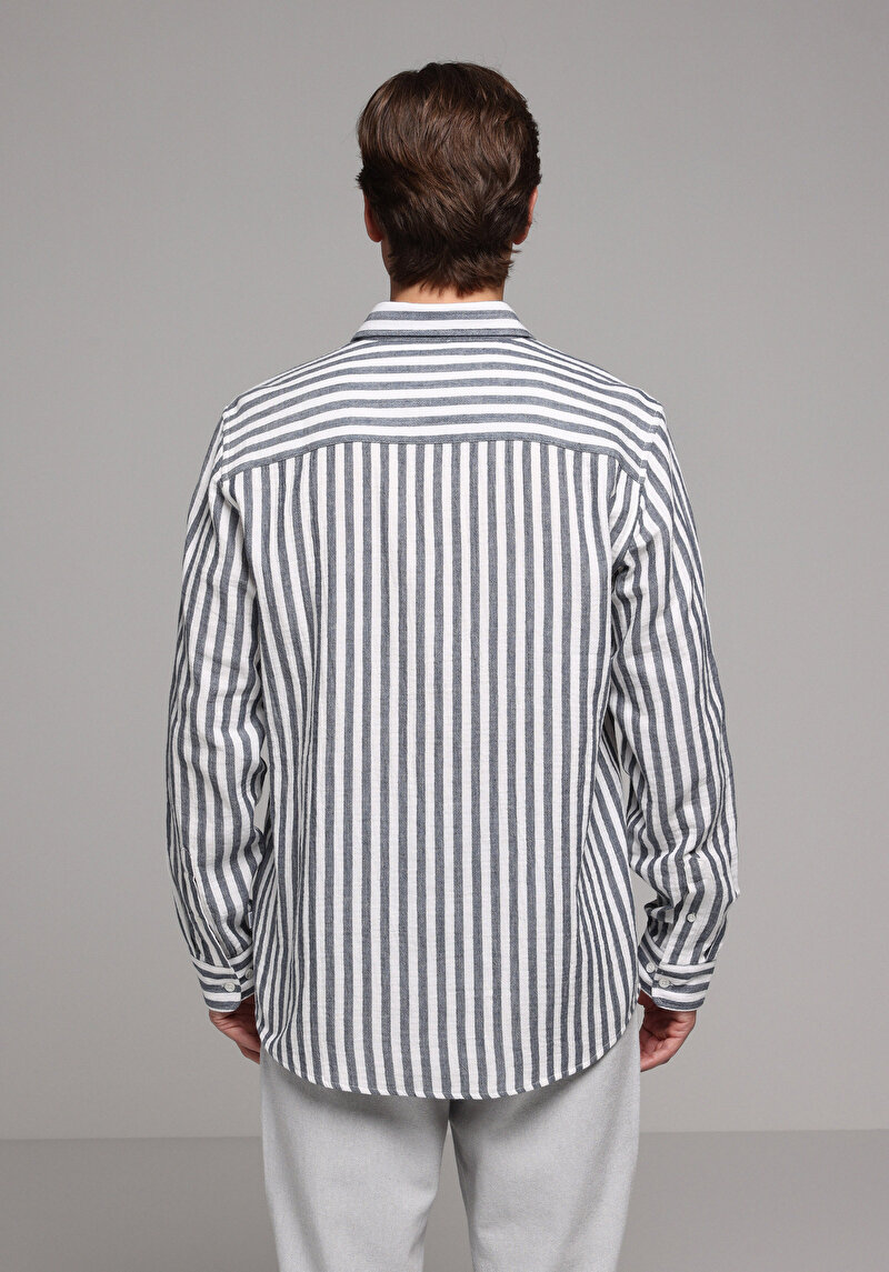 Relaxed Fit Shirt Neck Çizgili Erkek Lacivert Uzun Kol Gömlek