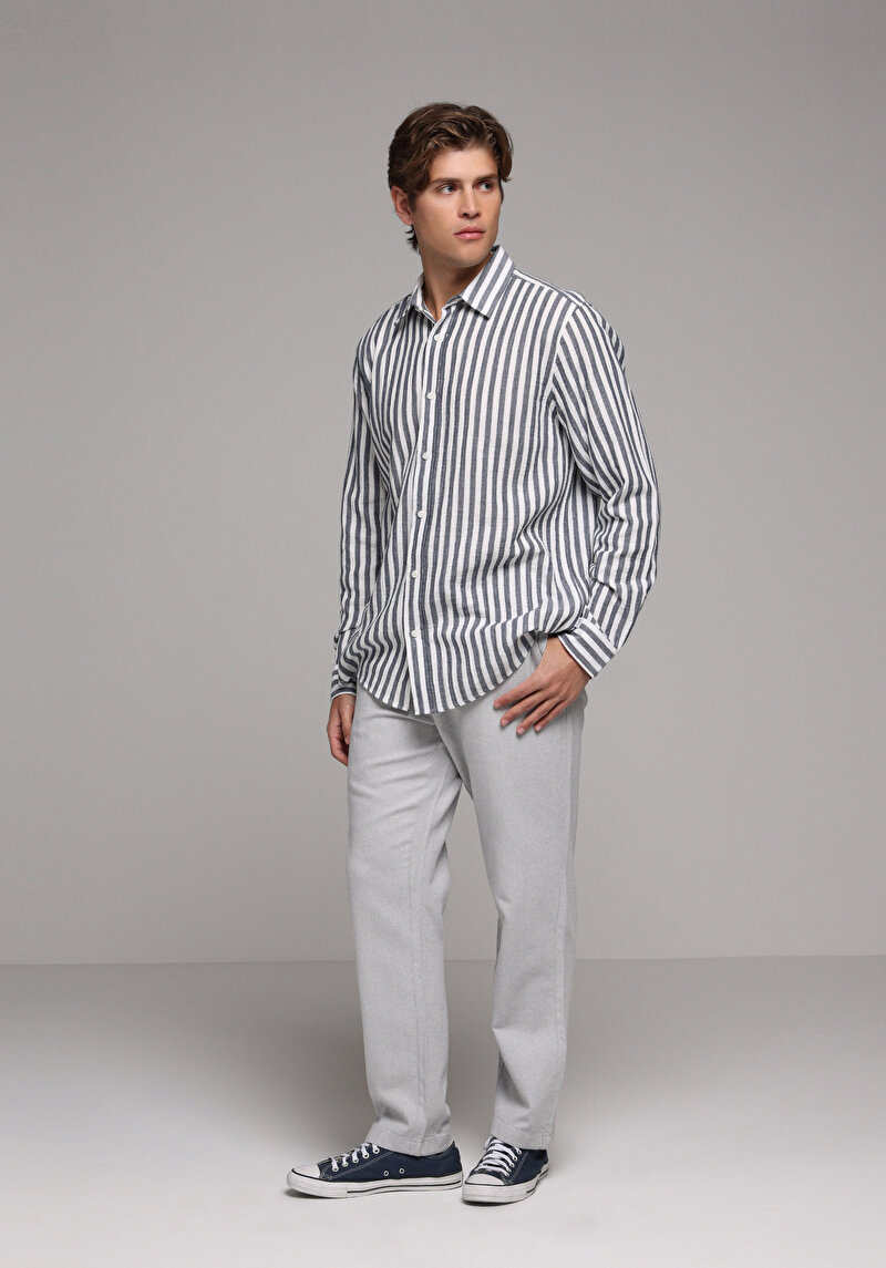 Relaxed Fit Shirt Neck Çizgili Erkek Lacivert Uzun Kol Gömlek