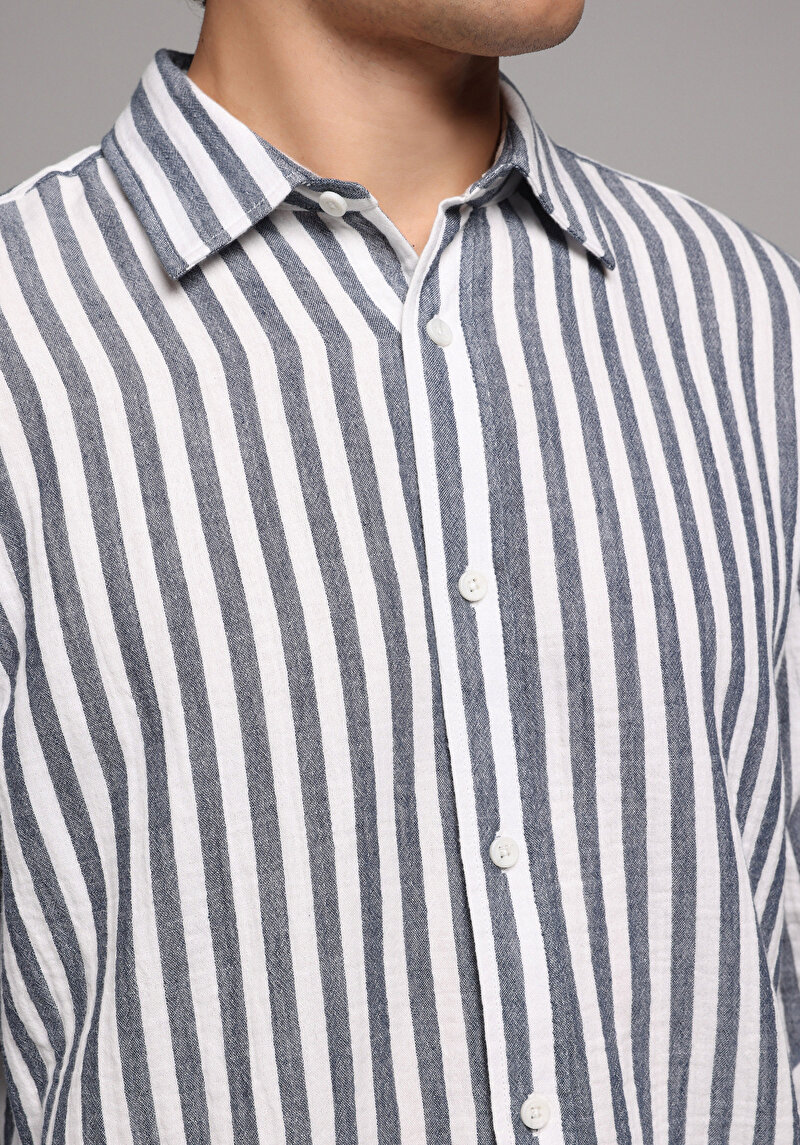 Relaxed Fit Shirt Neck Çizgili Erkek Lacivert Uzun Kol Gömlek
