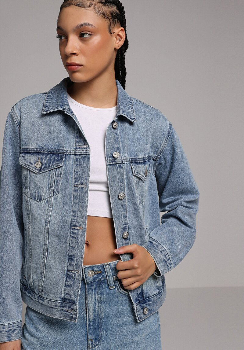Regular Fit Düğmeli Astarsız  Kadın Mid İndigo Denim Ceket