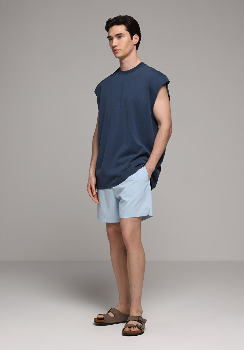 Slim Fit Düz Erkek Mavi Deniz Şortu