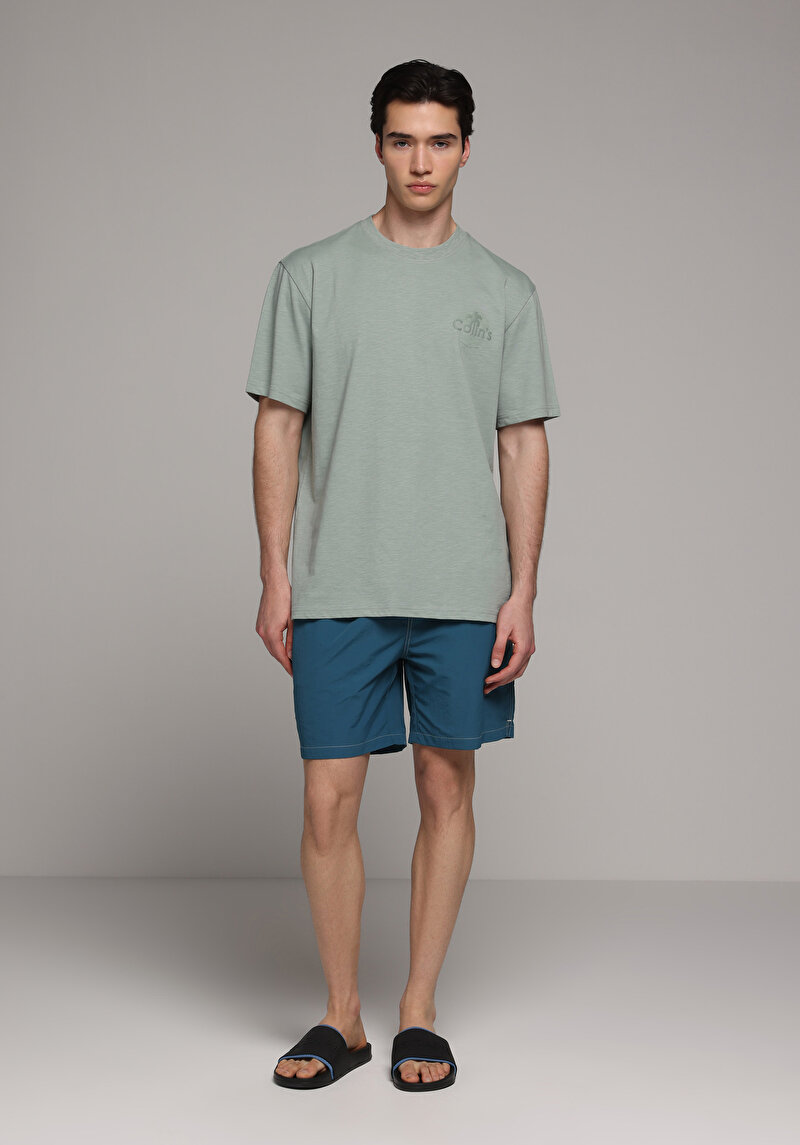 Slim Fit Düz Erkek Yeşil Deniz Şortu