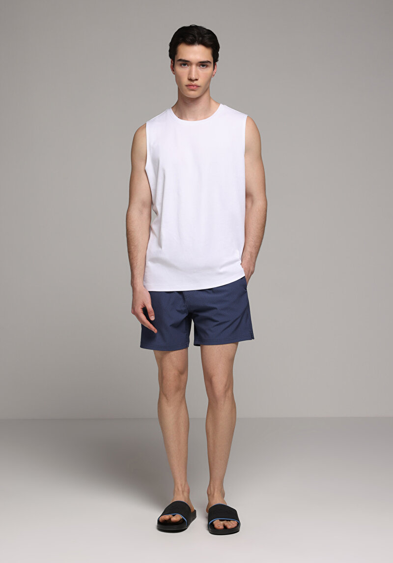 Slim Fit Çizgili Erkek Mavi Deniz Şortu