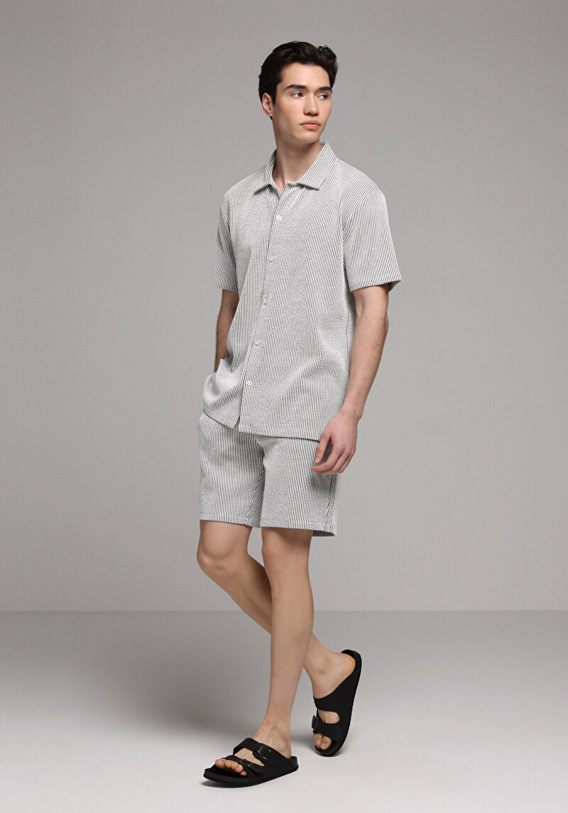 Regular Fit Polo Yaka Çizgili Erkek Gri Kısa Kol Tişört