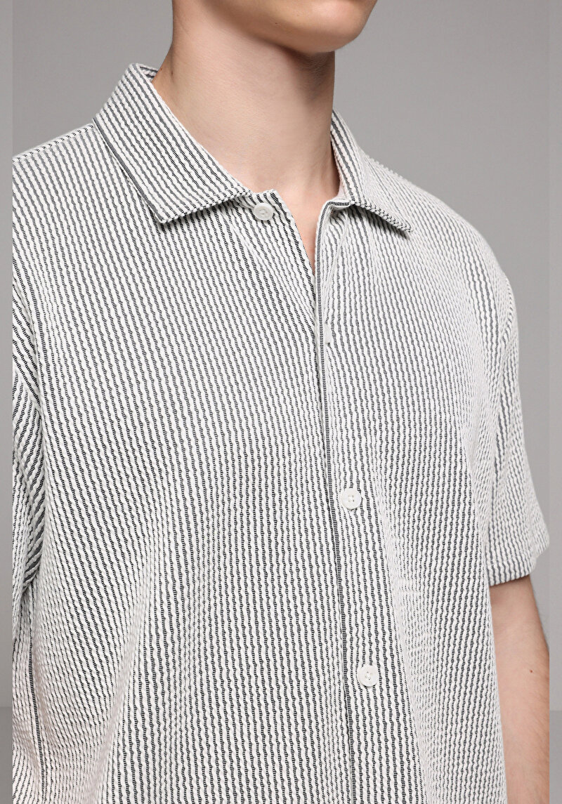 Regular Fit Polo Yaka Çizgili Erkek Gri Kısa Kol Tişört