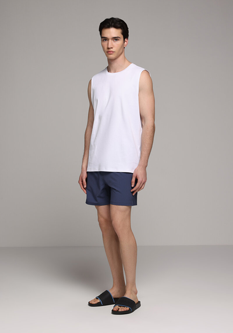 Slim Fit Çizgili Erkek Mavi Deniz Şortu