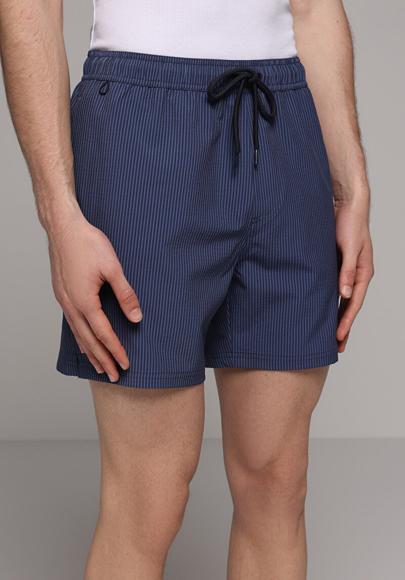 Slim Fit Çizgili Erkek Mavi Deniz Şortu