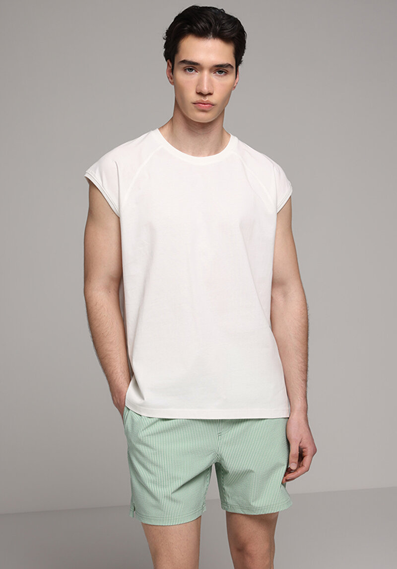 Slim Fit Çizgili Erkek Yeşil Deniz Şortu