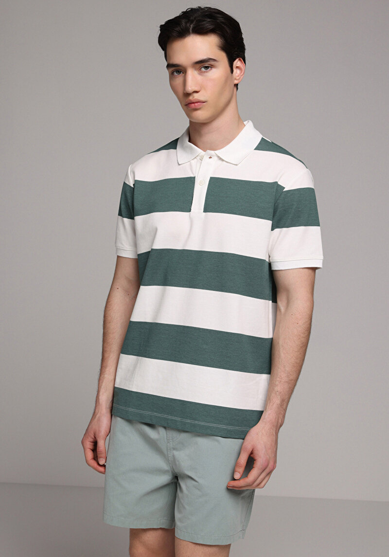 Regular Fit Polo Yaka Çizgili Erkek Yeşil Kısa Kol Tişört