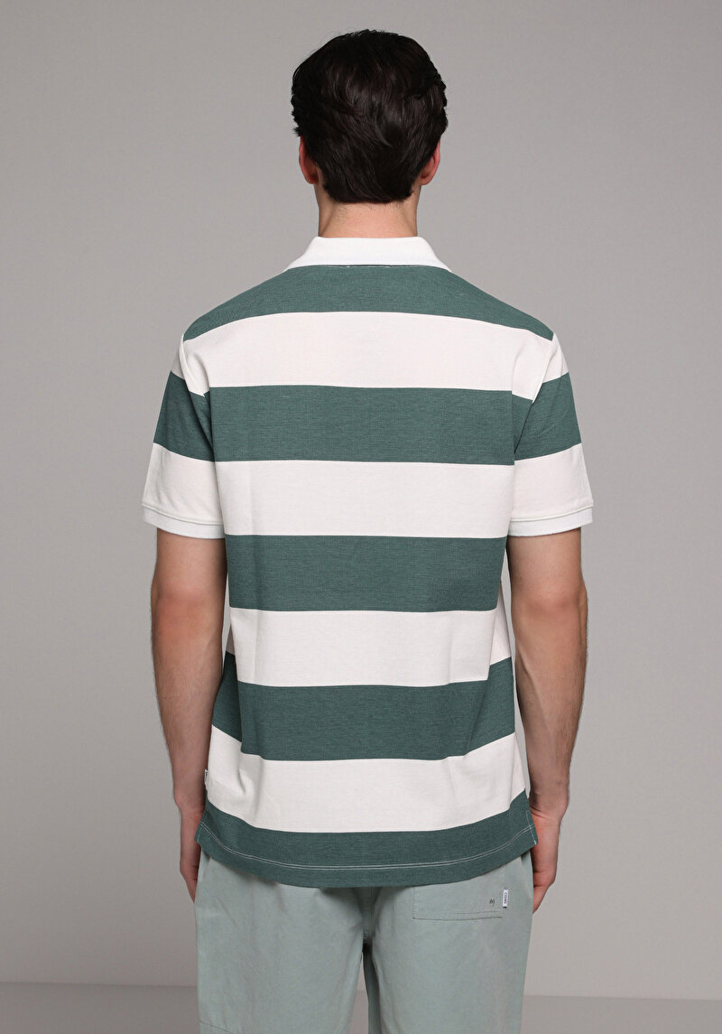 Regular Fit Polo Yaka Çizgili Erkek Yeşil Kısa Kol Tişört