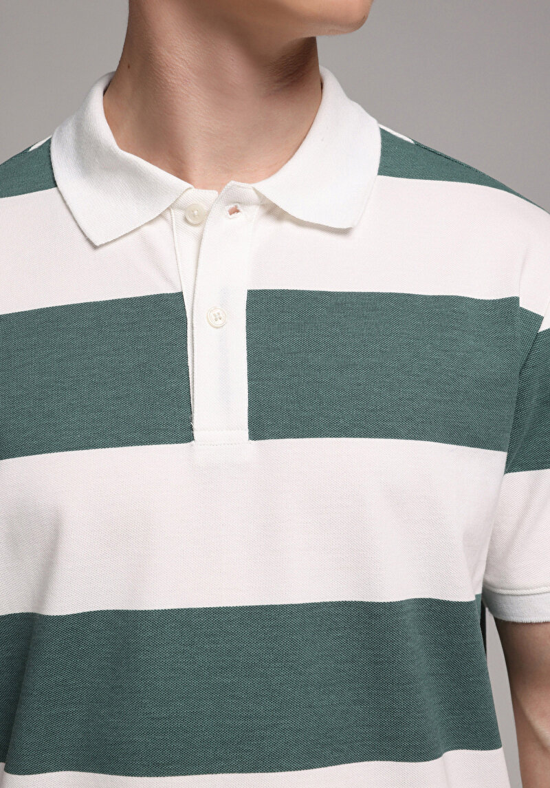 Regular Fit Polo Yaka Çizgili Erkek Yeşil Kısa Kol Tişört