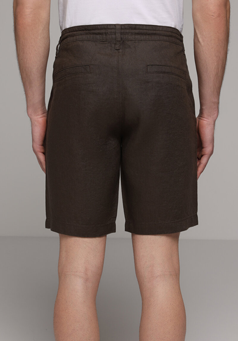 Regular Fit Orta Bel Düz Erkek Kahverengi Şort