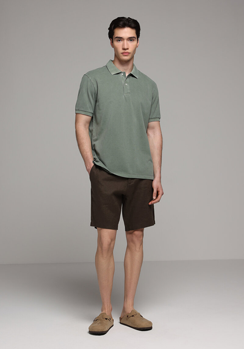 Regular Fit Orta Bel Düz Erkek Kahverengi Şort