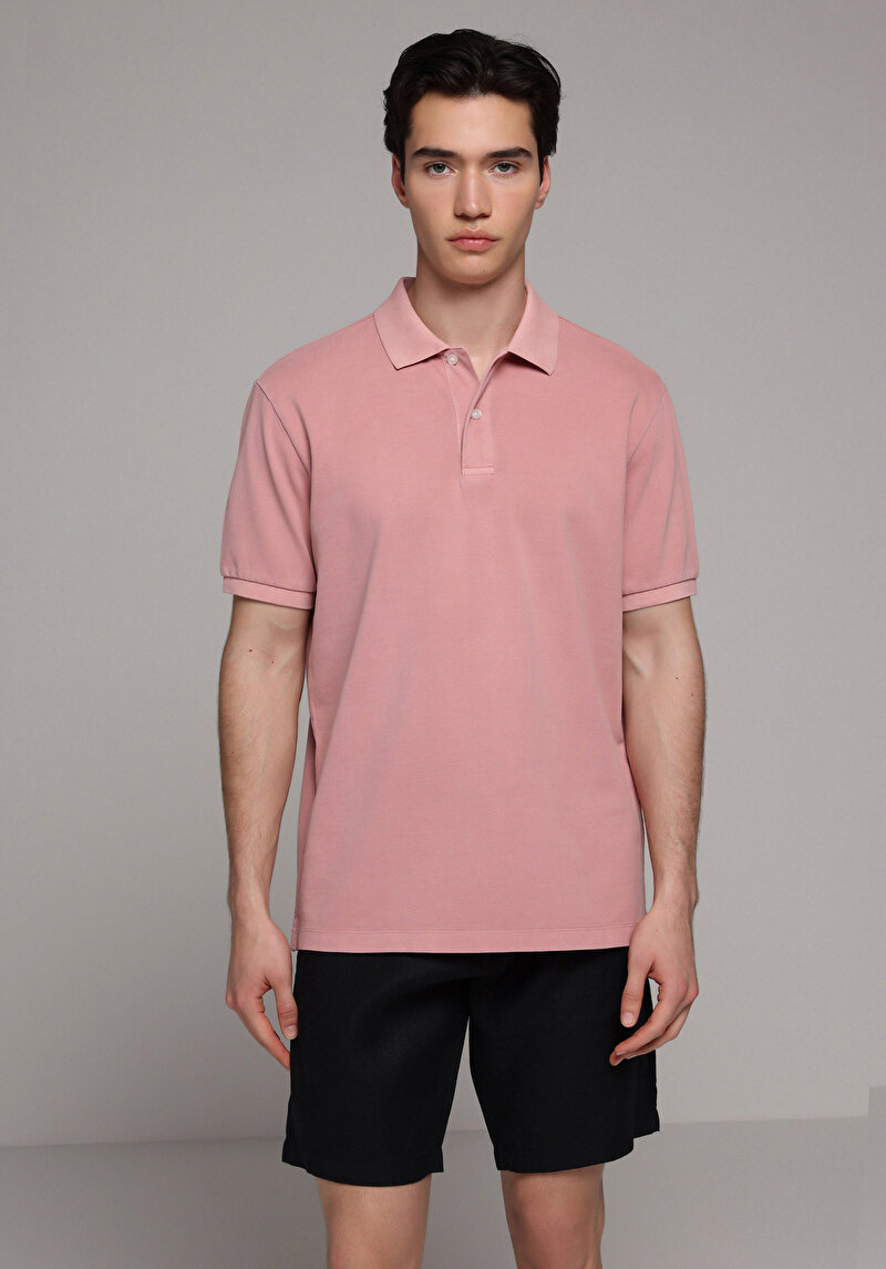 Regular Fit Polo Yaka Düz Erkek Pembe Kısa Kol Tişört