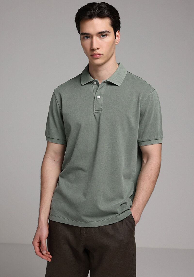 Regular Fit Polo Yaka Düz Erkek Yeşil Kısa Kol Tişört
