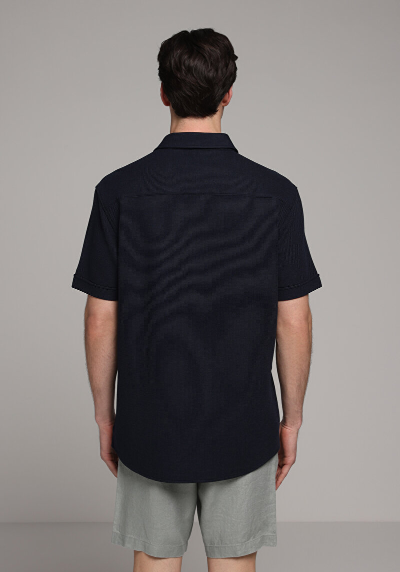 Regular Fit Shirt Neck Düz Erkek Lacivert Uzun Kol Gömlek