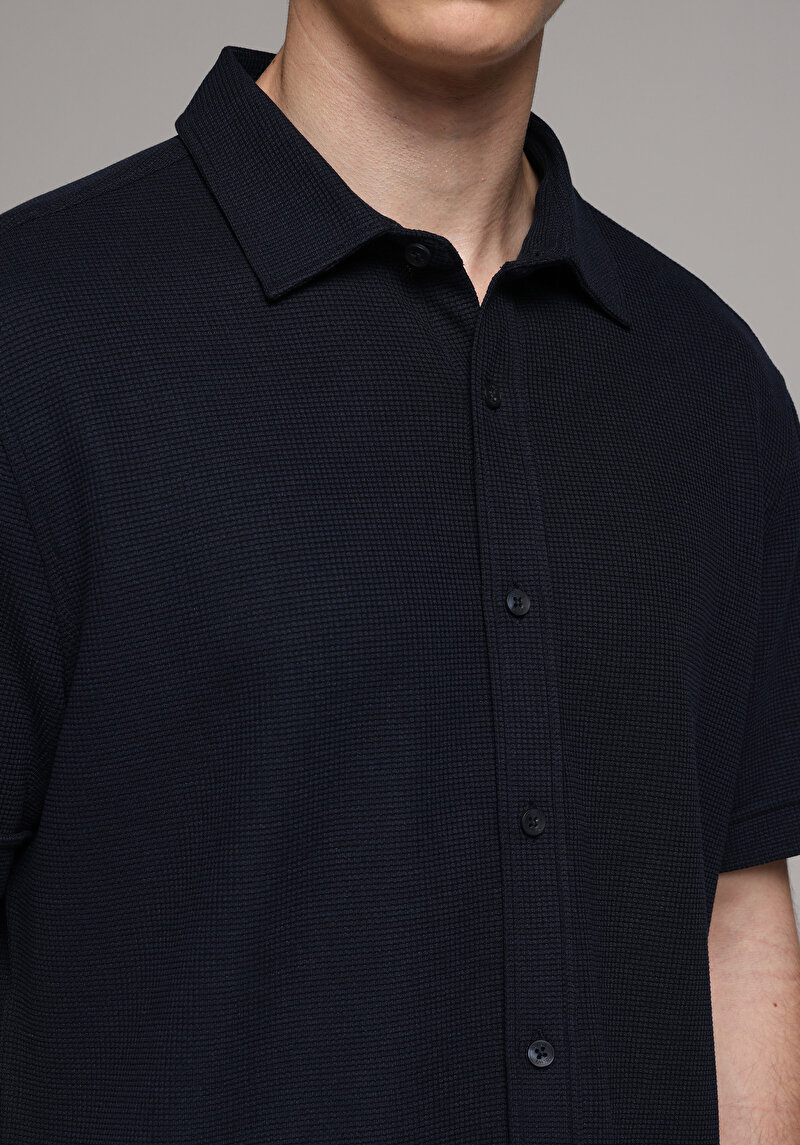 Regular Fit Shirt Neck Düz Erkek Lacivert Uzun Kol Gömlek