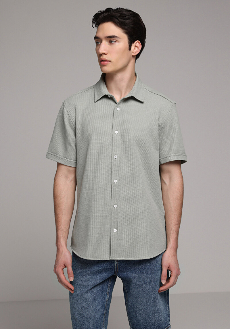 Regular Fit Shirt Neck Düz Erkek Yeşil Uzun Kol Gömlek