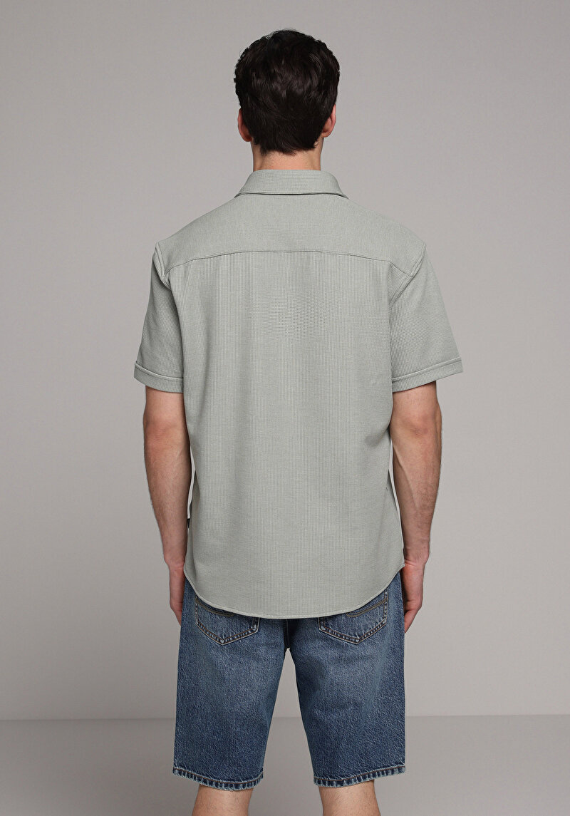 Regular Fit Shirt Neck Düz Erkek Yeşil Uzun Kol Gömlek