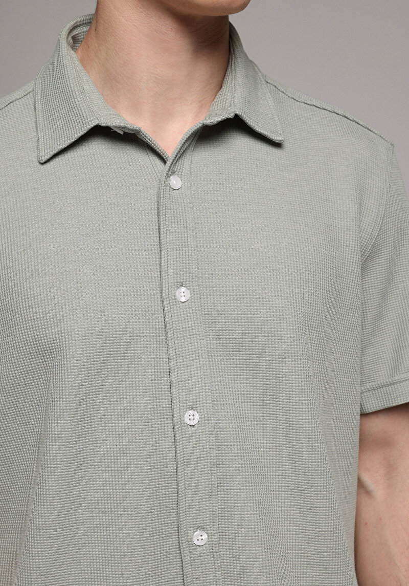 Regular Fit Shirt Neck Düz Erkek Yeşil Uzun Kol Gömlek