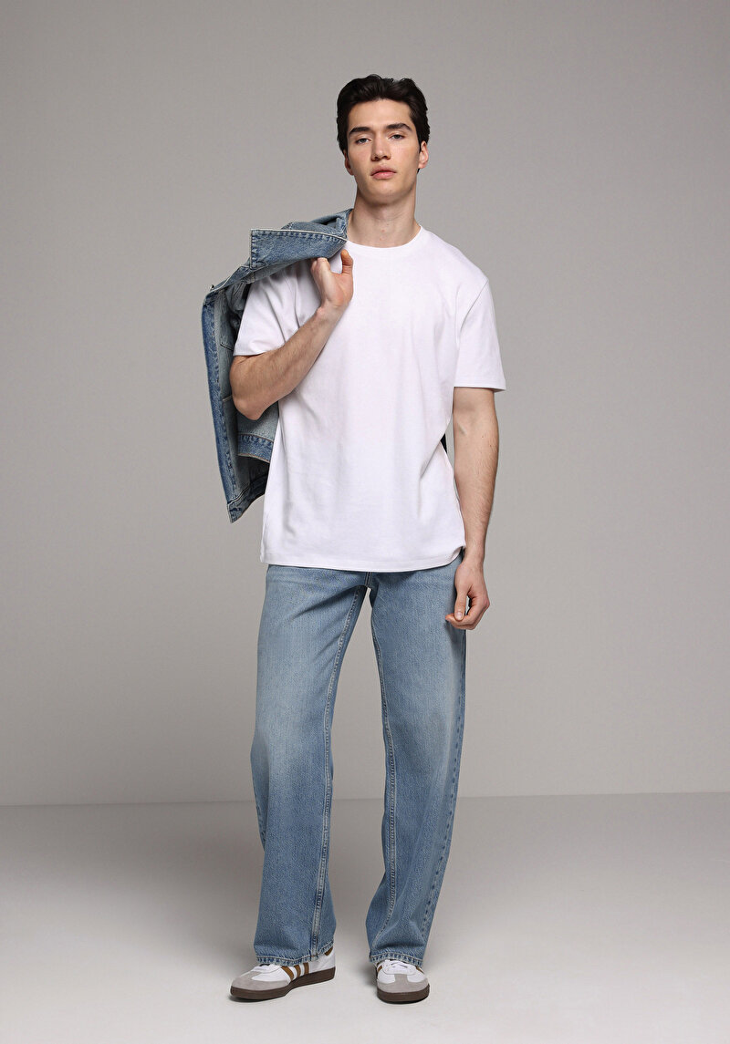 Relaxed Fit   Erkek Mid İndigo Denim Jean Pantolon